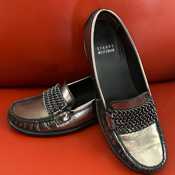 Stuart Weitzman metallic leather loafers in size 6 1/2. Worn indoors once. - Picture 1 of 10